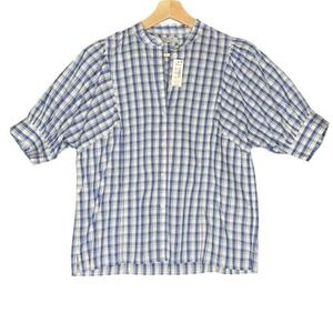 Madewell Womens NW063 Blue White Plaid Cotton Band Collar Puff Sleeve Top Size 6